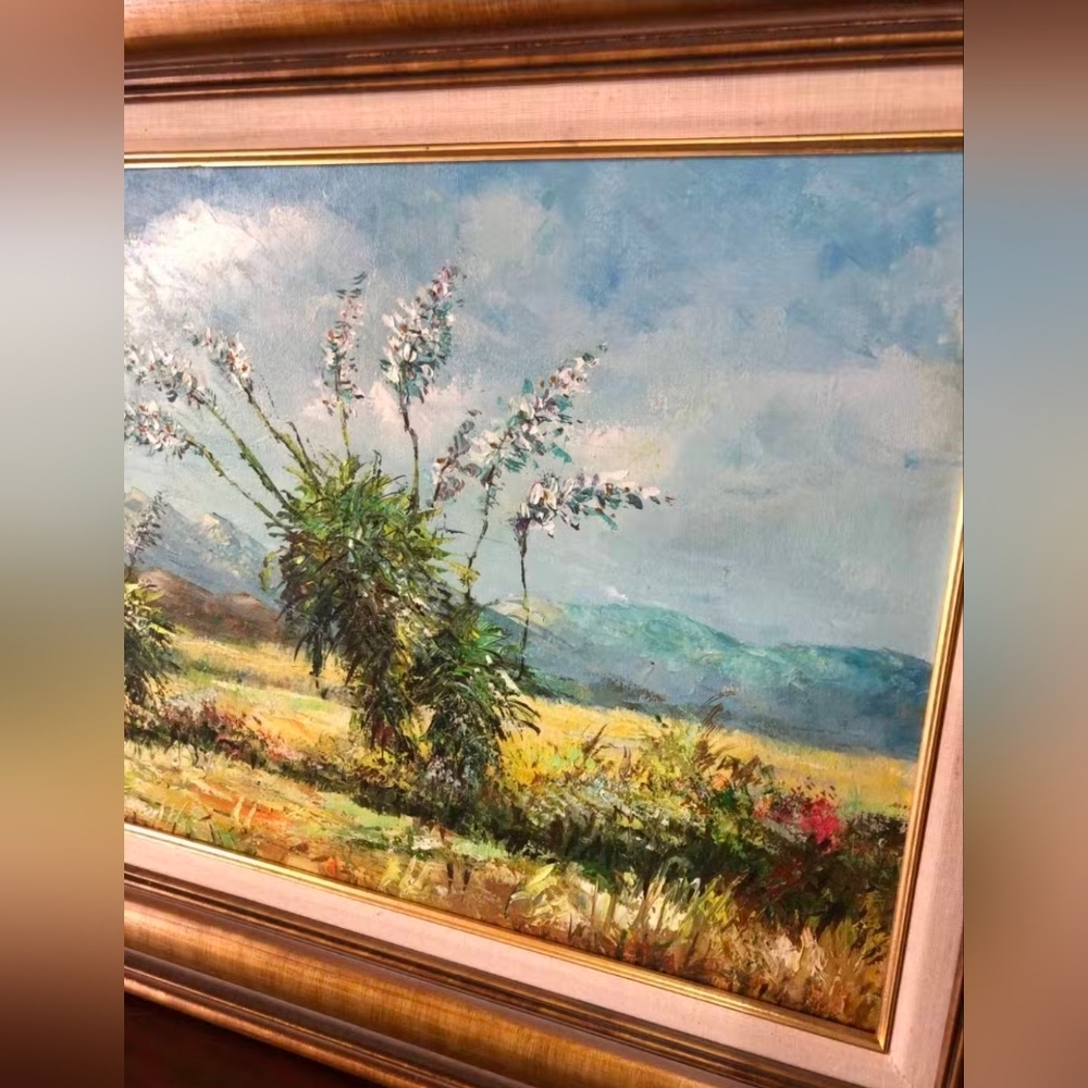 Vintage Signed Rogers Oil Painting | Wildflower Meadow Framed 40x24 - Picture 10 of 12